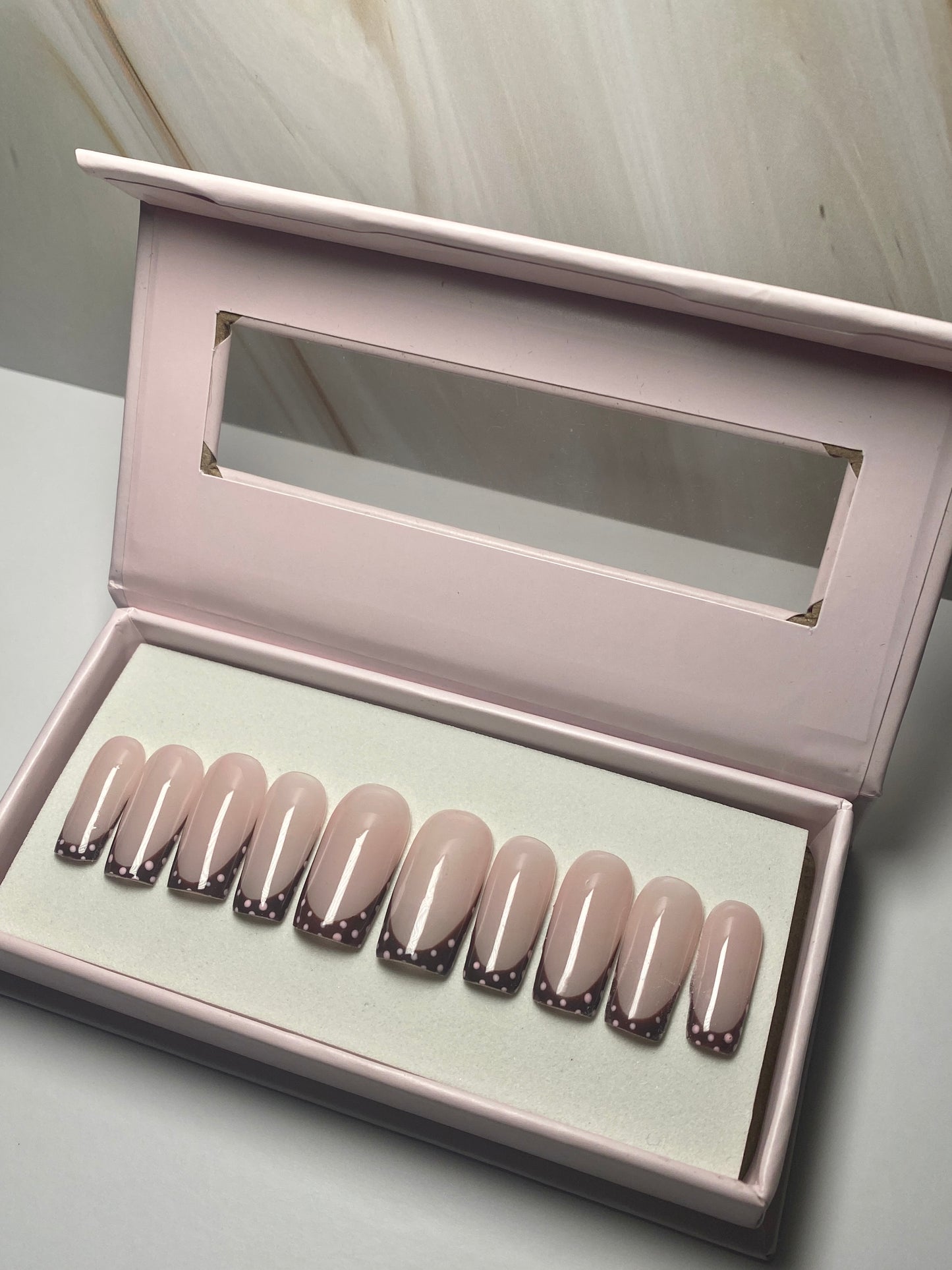 'Naomi' - Brown French Tip & Pink Polka Dot