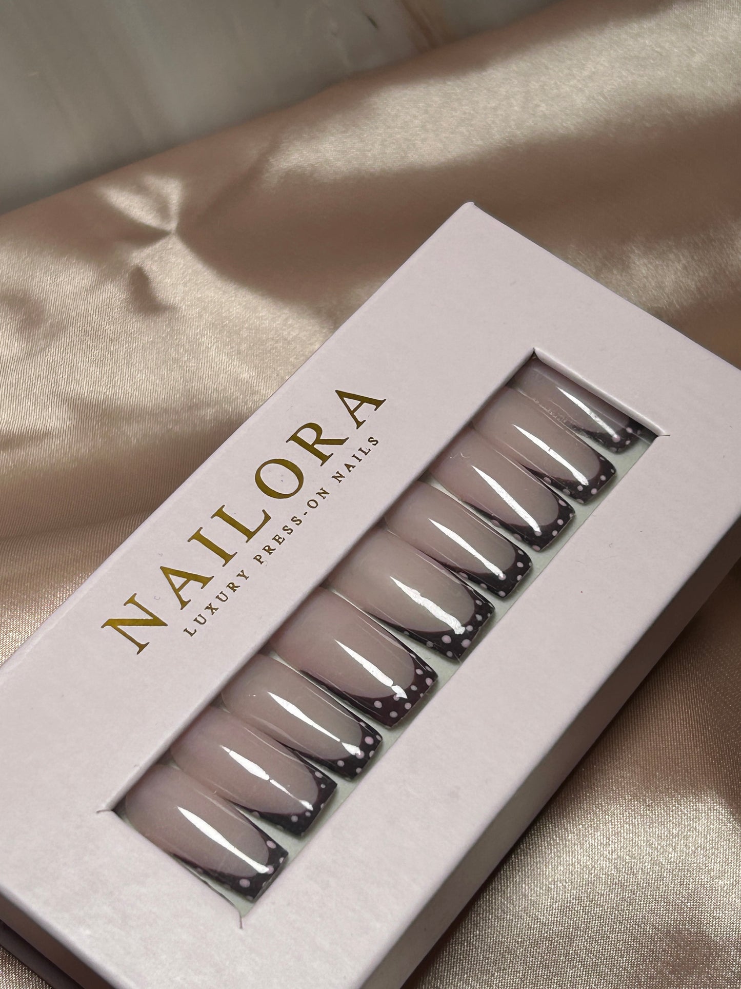 'Naomi' - Brown French Tip & Pink Polka Dot